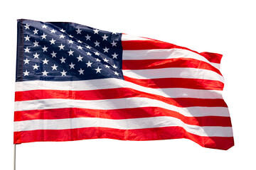 Obraz premium National flag of United States of America with red and white horizontal stripes and blue rectangle with fifty five-pointed stars fluttering in wind on flagpole. Isolated over white background