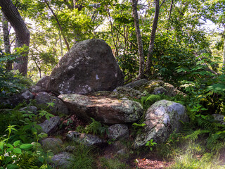 Rocks along a hiking path forming a natural chair for resting in Shenandoah National Park, Virginia, USA.