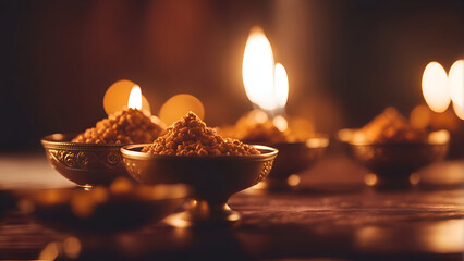 Diwali diya or dal in bowl with diya or oil lamp over moody background. selective focus - obrazy, fototapety, plakaty