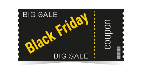 Fototapeta premium Black Friday sale ticket coupon template layout. Advantageous offer. Black and yellow design. Coupon with a big discount. Simple design. Isolated vector illustration white background.
