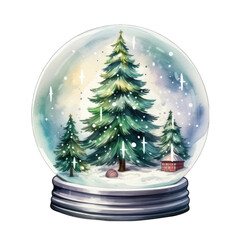 Christmas snow globe with trees, watercolor illustration. Isolated on white transparent background