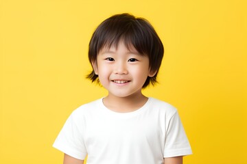 Portrait of a happy fictional young Asian boy smiling. Isolated on a plain colored background. Generative AI.