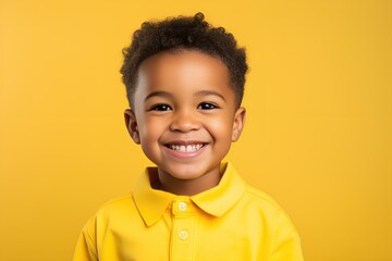 Portrait of a happy fictional young black little boy smiling. Isolated on a plain colored background. Generative AI. - obrazy, fototapety, plakaty