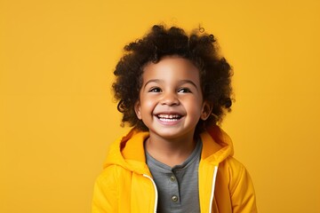 Portrait of a happy fictional young black kid smiling. Isolated on a plain colored background. Generative AI.