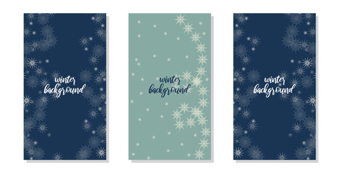 Background in social networks stories winter theme. Snowflakes dark blue background. Vertical background template. Insta style elements nature in blue white and dark blue tones. Vector illustration.