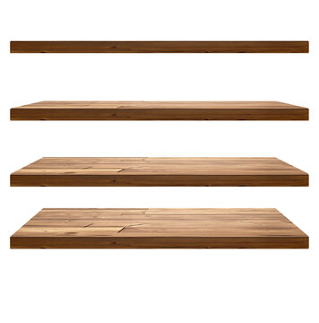Collection of wooden shelves on white background
