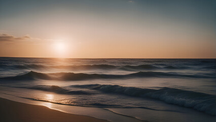 Sunset on the beach with waves and sand. Toned.