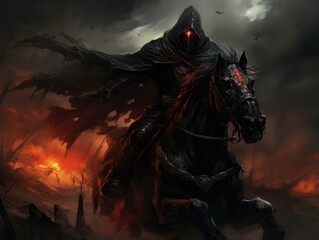 Obraz premium Black horseman of apocalypse riding black horse AI