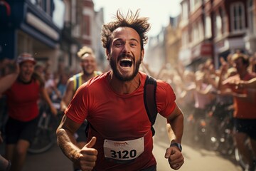 A dynamic sports photograph capturing the exhilaration and determination of an athlete crossing the finish line, showcasing the thrill of achievement - obrazy, fototapety, plakaty