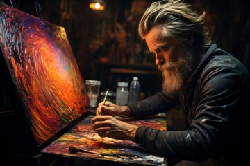 A striking portrait of an artist at work, with a canvas full of vibrant colors and expressive brushstrokes, reflecting the artist's passion and creativity