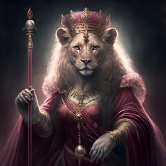 a queenly portrait of a lioness queen wearing a jeweled crown and a dark pink ceremonial outfit holding a scepter adorn with rubies in front of lion subjects bowing 