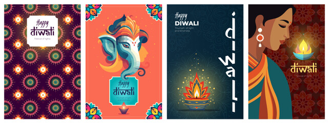 Indian holiday Happy Diwali poster. Deepavali or Dipavali India festival of lights print. Hindu celebration placard with diya oil lamp, elephant Ganesha and floral pattern. Creative art modern designs - obrazy, fototapety, plakaty