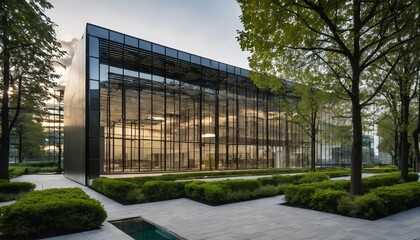 Green environment and trees in sustainable building: Eco-friendly glass office design