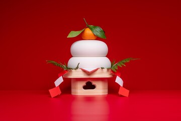 鏡餅"を中央に配置した写真　赤背景　低い三宝(台座)あり