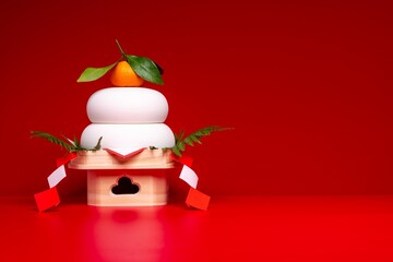 鏡餅"を左に配置した写真　赤背景　低い三宝(台座)あり