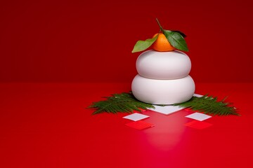 &ldquo;鏡餅"を右側に配置した写真　赤背景　三宝(台座)なし