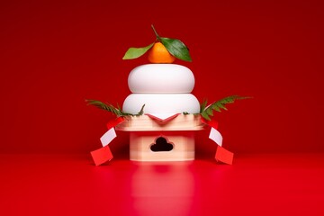 鏡餅"を中央に配置した写真　赤背景　低い三宝(台座)あり