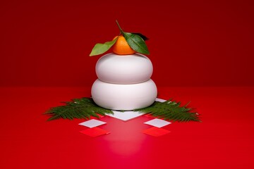 “鏡餅"を中央に配置した写真　赤背景　三宝(台座)なし