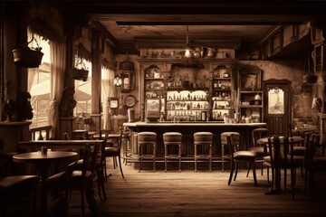 Inside a saloon in a western city, concept of history and the old west. Generative AI - obrazy, fototapety, plakaty