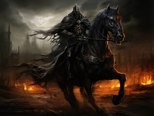 Obraz na płótnie Canvas Black horseman of apocalypse riding black horse AI
