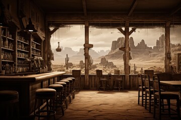 Inside a saloon in a western city, concept of history and the old west. Generative AI - obrazy, fototapety, plakaty