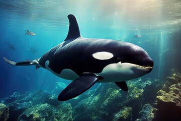 Landscape with orca whale at the bottom of the sea, giant mammal, marine life. Generative AI