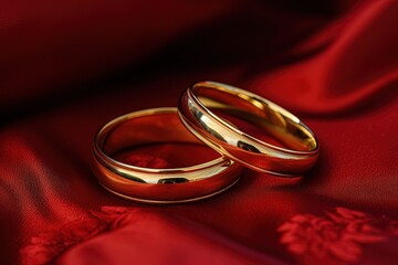 Pair of wedding rings on red fabric. Generative AI