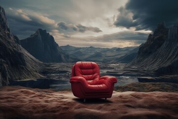 Nordic landscape with red cinema seat, concept of cinemas and films. Generative AI - obrazy, fototapety, plakaty