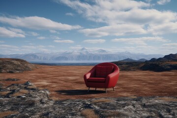 Nordic landscape with red cinema seat, concept of cinemas and films. Generative AI