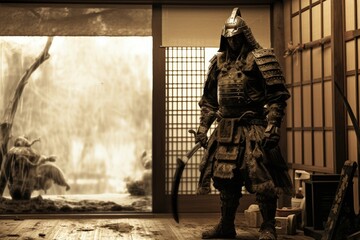 Fototapeta na wymiar Landscape with samurai warrior and training dojo, ancient culture concept. Generative AI