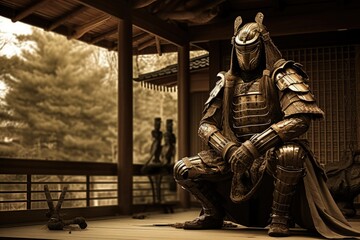 Landscape with samurai warrior and training dojo, ancient culture concept. Generative AI