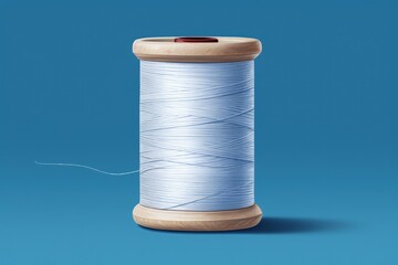 Digital illustration of spool of sewing thread, blue background. Generative AI