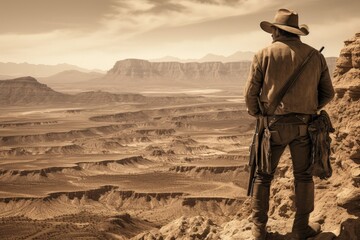 Landscape with gunslinger cowboy and canyons in the background, wild west. Generative AI - obrazy, fototapety, plakaty