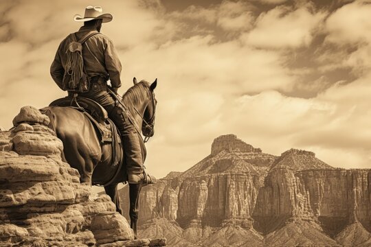 Landscape with gunslinger cowboy and canyons in the background, wild west. Generative AI