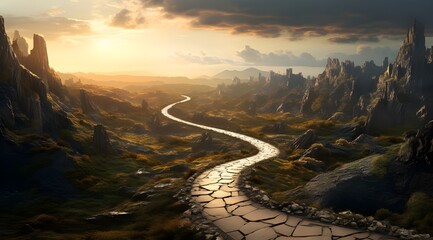 sunset in the mountains, illustrating right path to walk, success