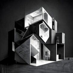 a minimalistic portfolio architect axonometic complexe shapes plan vues black white 