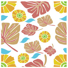 Seamless pattern with square sunflowers and colorful monstera leaves. Adam's Rib Leaves. Flat vector illustration isolated on transparent background.