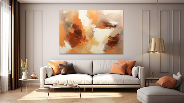sala com quadro decorativo  abstrato  em tons terrosos, cobre e dourado