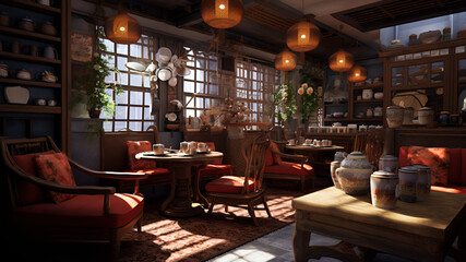 Fototapeta na wymiar cozy tea shop interior, inviting upholstered chairs, seating arrangements, calming colors, asian influence