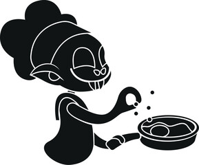 Cartoon Black and White Illustration Vector Of A Vampire Cooking in a Pan Wearing A Chefs Hat