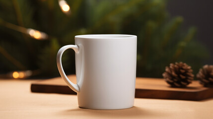 Obraz na płótnie Canvas Blank white mug mockup on wooden table with cozy blurry Christmas background, Empty cup template. Generative AI