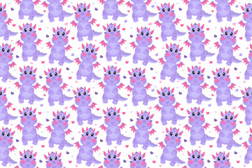 Seamless pattern, wallpaper with kawaii cute purple dragons with hearts. Design for nursery, for clothes, for sleep, for fabrics, for kids