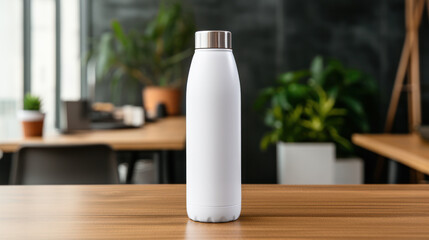 Mockup of a blank white water bottle with nature background, Empty reusable bottle template, Package display. Generative AI