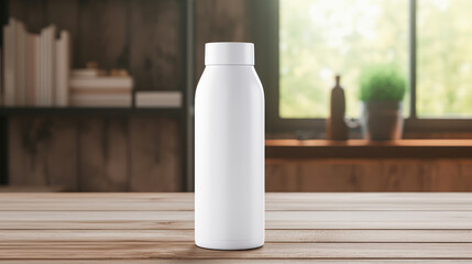 Mockup of a blank white water bottle with nature background, Empty reusable bottle template, Package display. Generative AI