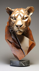 escultura de leoa  em  Tons terrosos, cobre e dourado luxo envelhecido 