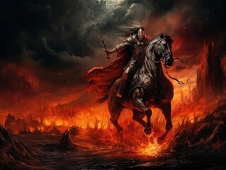 Obraz na płótnie Canvas Black horseman of the apocalypse with sword riding black horse AI