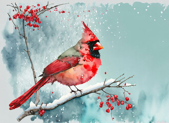 A single male cardinal on a snowy branch, in a colorful watercolor style. Generative AI
