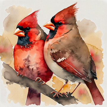 A pair of cardinals on a branch, in a colorful watercolor style. Generative AI
