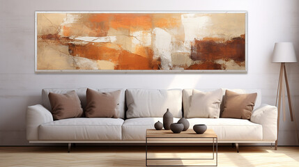 sala de estar com quadro textura grunge envelhecido abstrata Tons terrosos, cobre e dourado luxo 