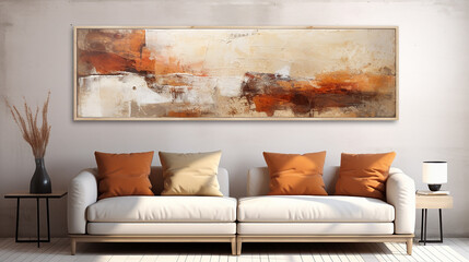 sala de estar com quadro textura grunge envelhecido abstrata Tons terrosos, cobre e dourado luxo 